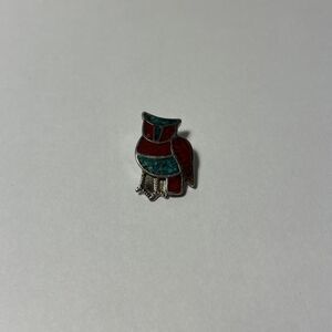 Vintage Southwestern Turquoise and Coral Chip Inlay Owl Pendant